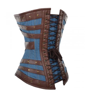 Women Corset Harnock Denim Overbust Corset With Brown Faux Leather